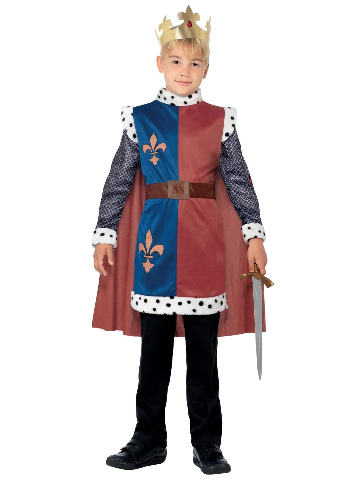 Smiffys King Arthur Medieval Costume, Red with Tunic, Cape & Crown, Boys Fancy Dress, Child Dress Up Costumes