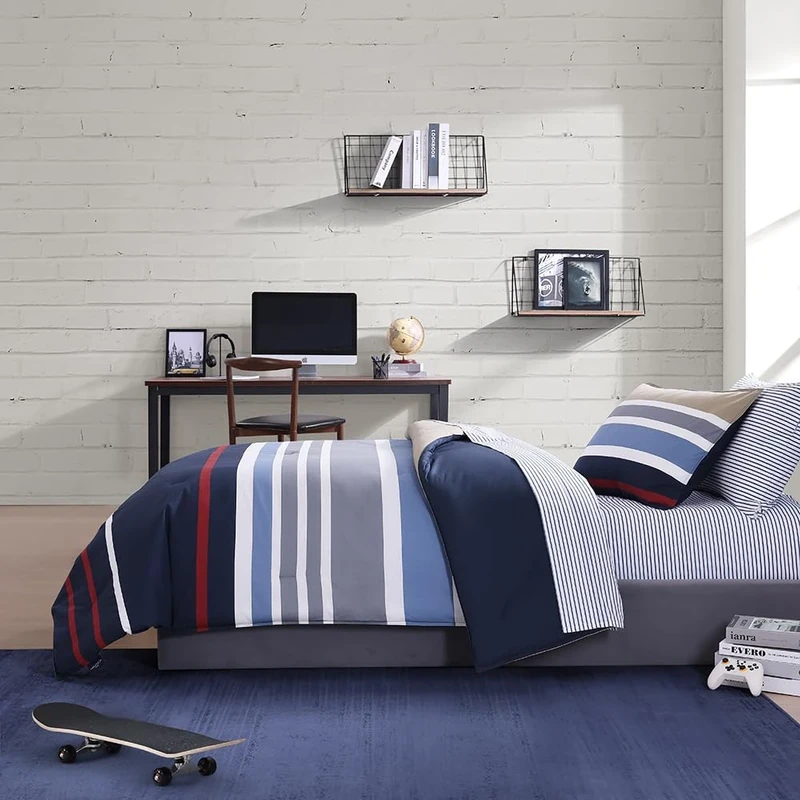 Nautica 100 Percent Cotton Cozy and Soft, Durable and Breathable Striped Reversible Comforter Matching Sham, 2-Piece Bedding Set, Navy/Khaki, Twin