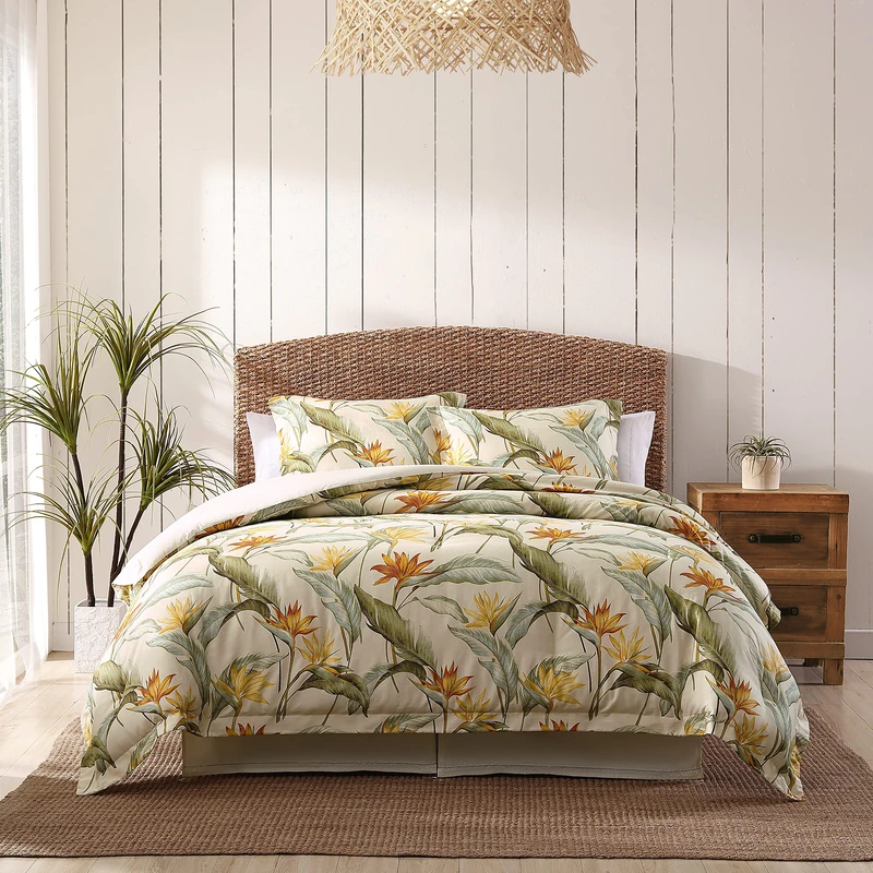 Tommy Bahama Reversible Cotton Bedding with Matching Shams & Bedskirt, All Season Home Décor (Birds of Paradise Off-White/Green/Yellow, Queen), Sateen - Image 1