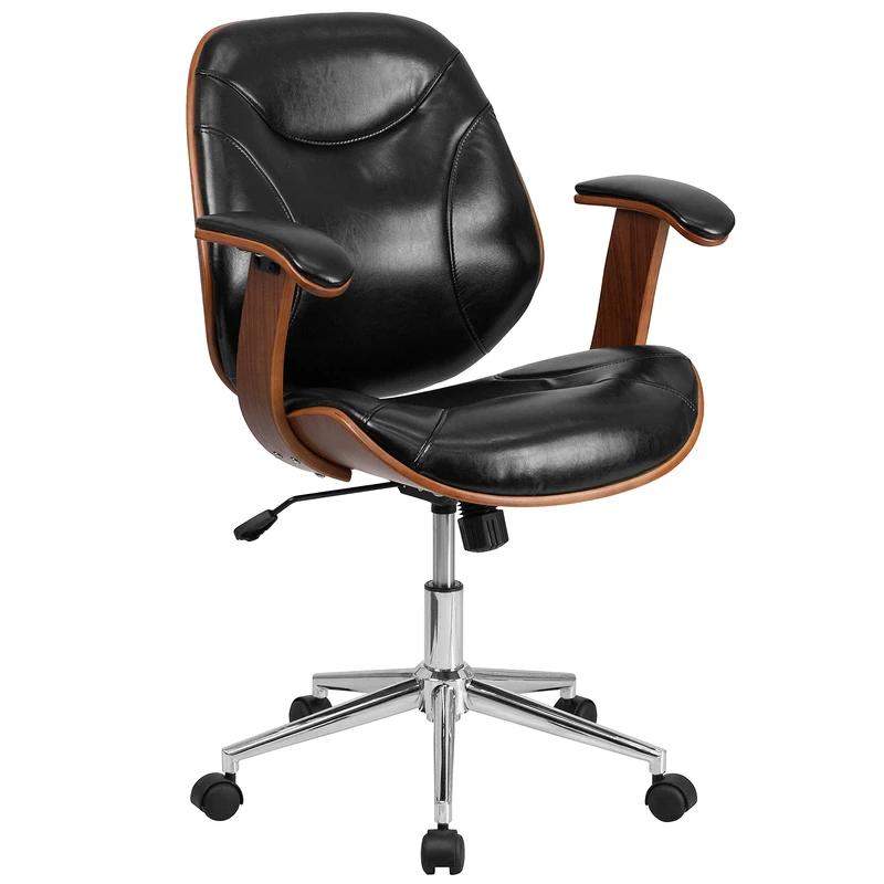 Flash Furniture Mid-Back Leather Executive Wood Swivel Chair with Arms, Metal, Black, 63.5 x 58.42 x 43.18 cm