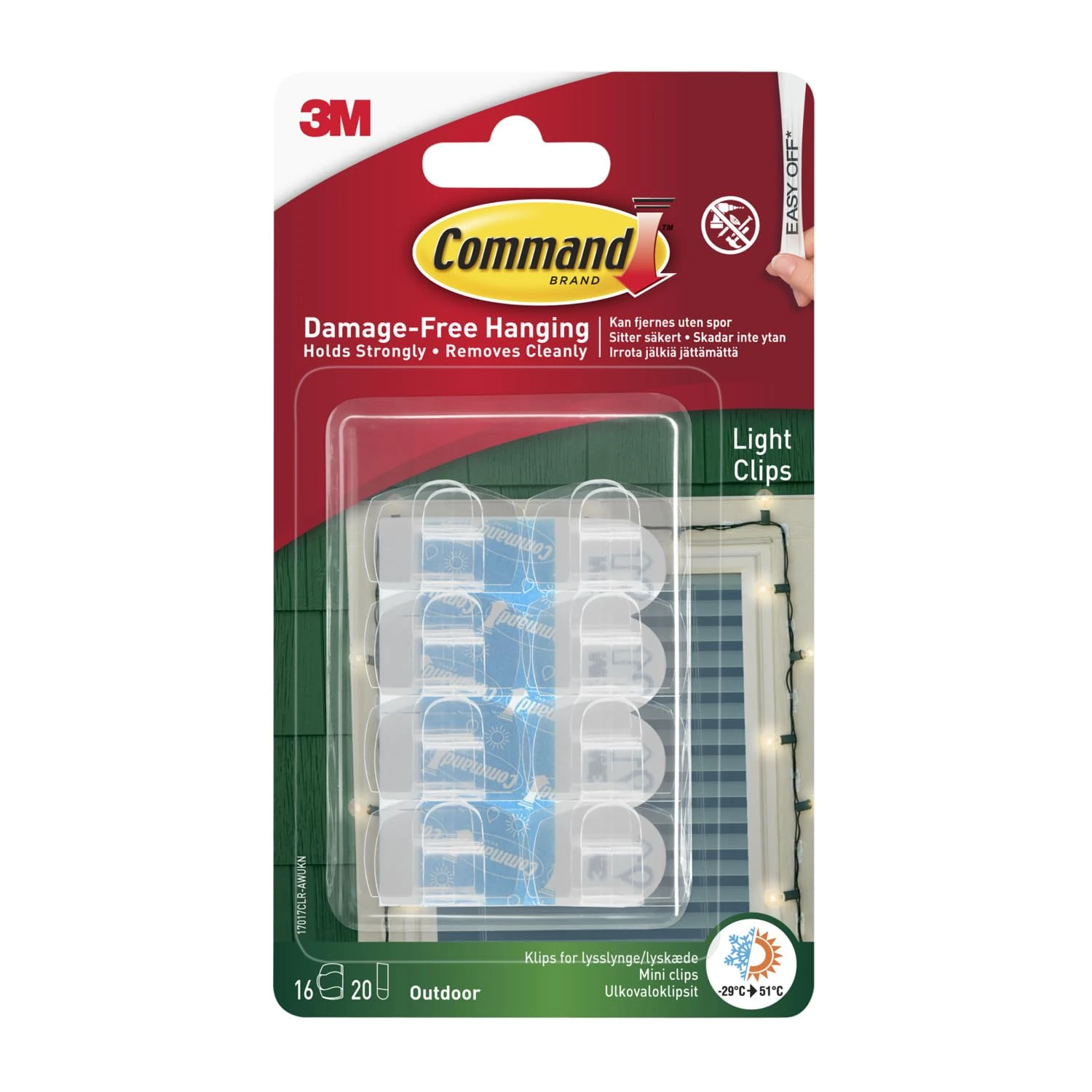 Command Outdoor Decorating Light Clips - 16 Mini Hooks and 20 Small Adhesive Strips,Transparent - Clips for Hanging Decorations and Fairy Lights Outdoors - Damage Free Hanging