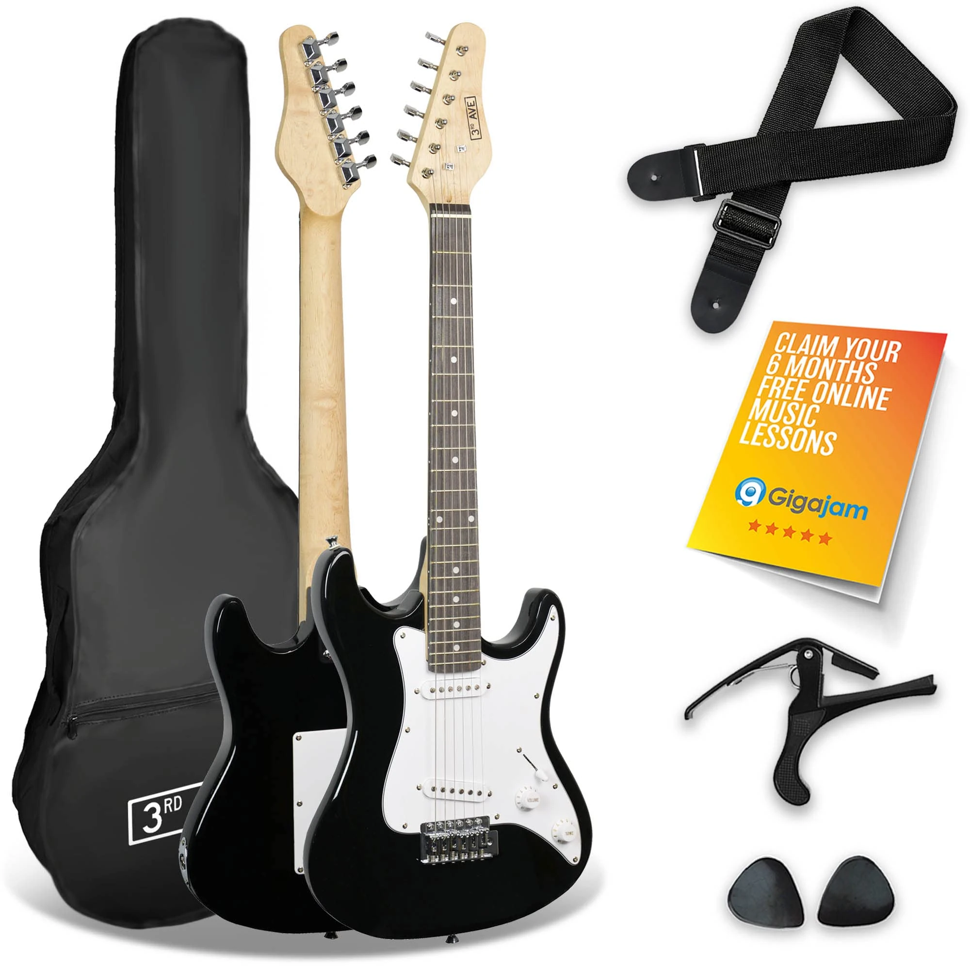 3rd Avenue XF 3/4 Size Kids Junior Electric Guitar Starter Beginner Pack with Bag, Strap, Picks and Capo – Black