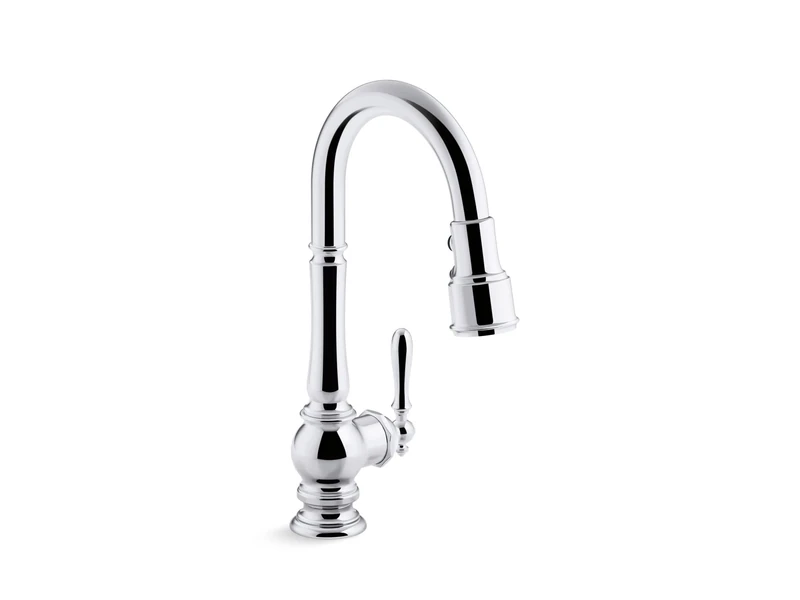 KOHLER Artifacts Single-Hole Kitchen Sink Faucet with 16" Pull-Down spout and Turned Lever Handle, DockNetik Magnetic Docking System, and 3-Function sprayhead Featuring Sweep and BerrySoft Spray