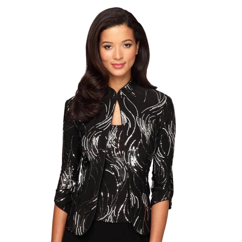 Alex Evenings Women's 3/4 Sleeve Twinset with Printed Jacket and Scooped Neck Cami (Petite and Regular Sizes) Dress Shirt, Black/Silver, XL