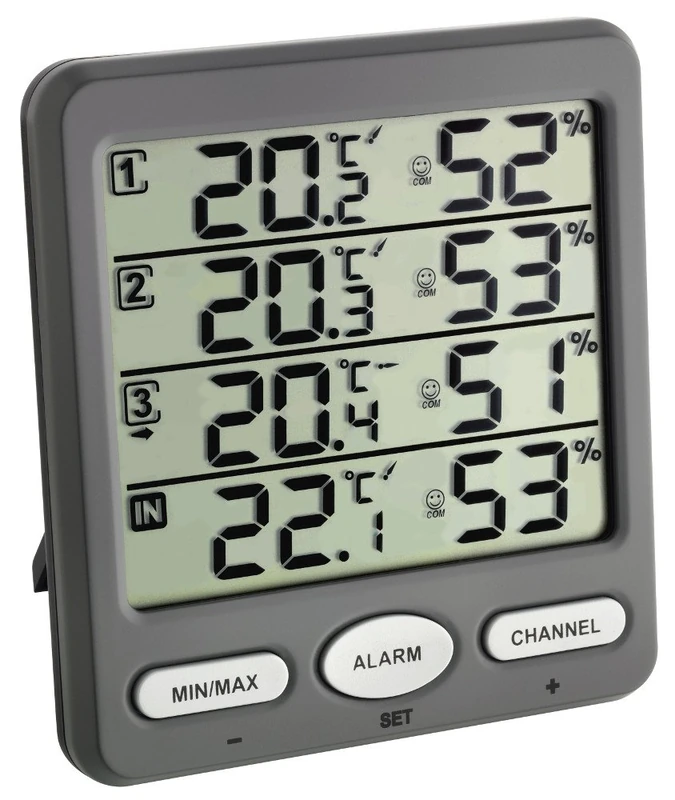 TFA Dostmann Wireless Thermo-Hygrometer Klima Monitor, 30.5054.10, incl 3 transmitters, for indoor and outdoor temperature and humidity, expandable, grey, 2.40x11.60x14.30 cm
