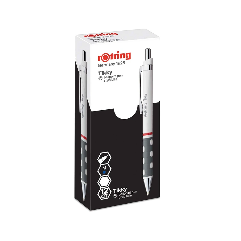 rOtring Tikky Lightweight Ballpoint Pen with Rubberised Grip - White Barrel, Box of 12