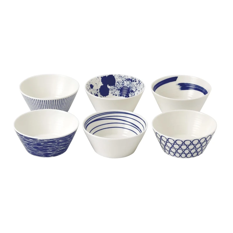 Royal Doulton Bowls, Stoneware, Designed to Mix & Match, 1815 Pacific 11cm/4.5in, Blue Mixed Patterns, Set of 6