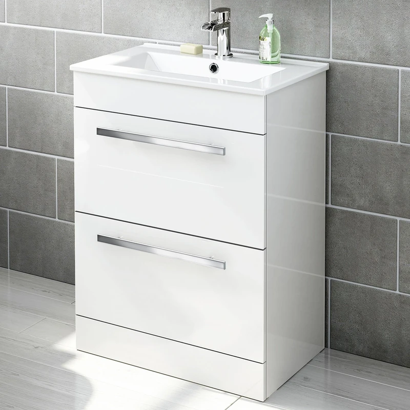 iBathUK Avon Vanity Unit with Basin, Floor Standing, Slim Edge Ceramic Wash Basin for Bathroom Furniture, Storage Cabinet with 2 Drawer- Gloss White (Flat Pack)