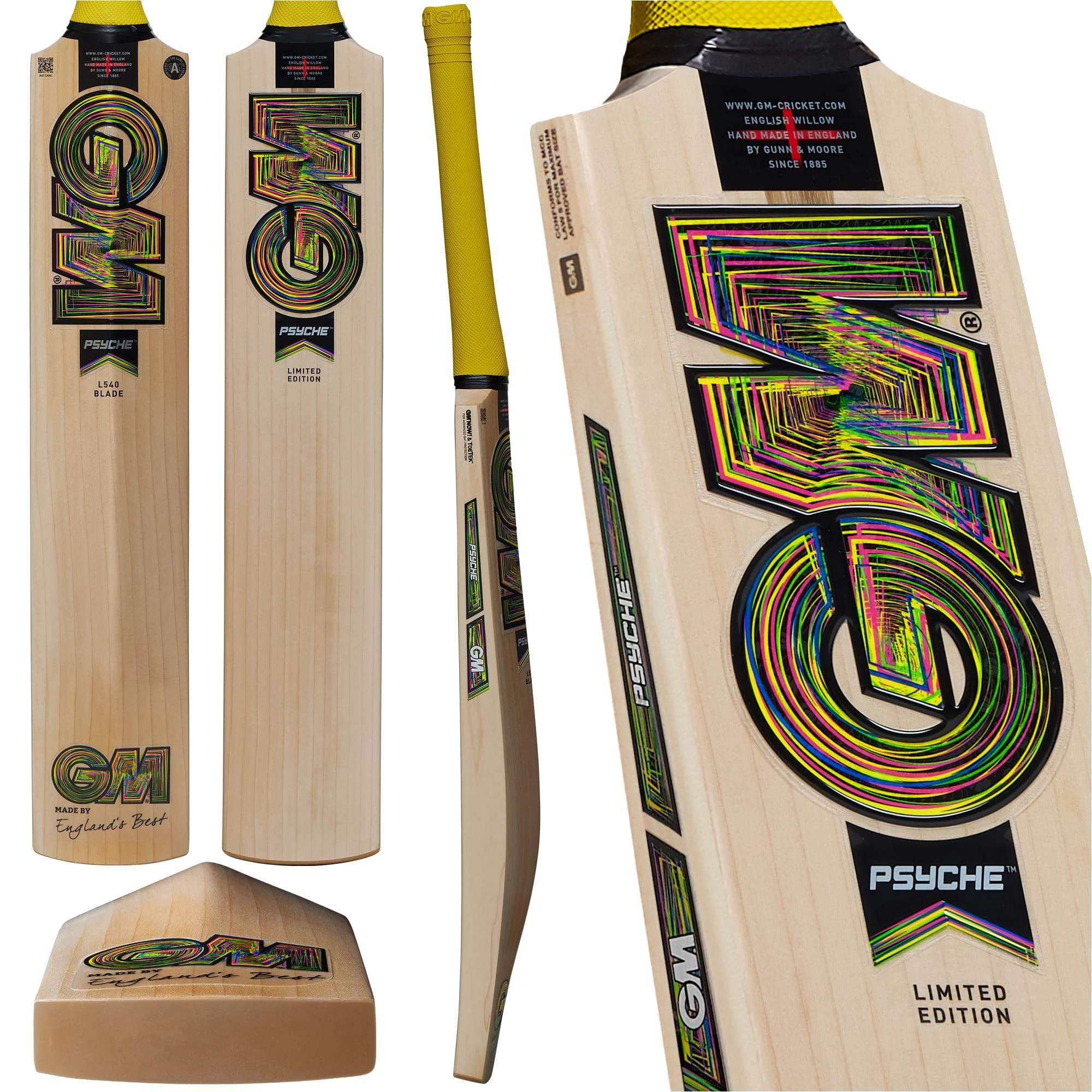 Gunn & Moore GM Cricket Bat | Psyche 404 | Seasoned Bleached Grade 3 English Willow | DXM, ToeTek and NOW! | Harrow Size Suitable for Players 163-168cm / 5' 4" - 5' 6"