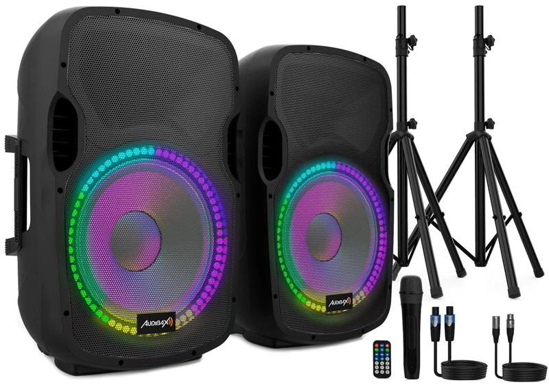 Audibax Party 215 LED Set of 2 Speakers 15 Inch Pro 600 W Peak + Brackets + Wiring + Microphone