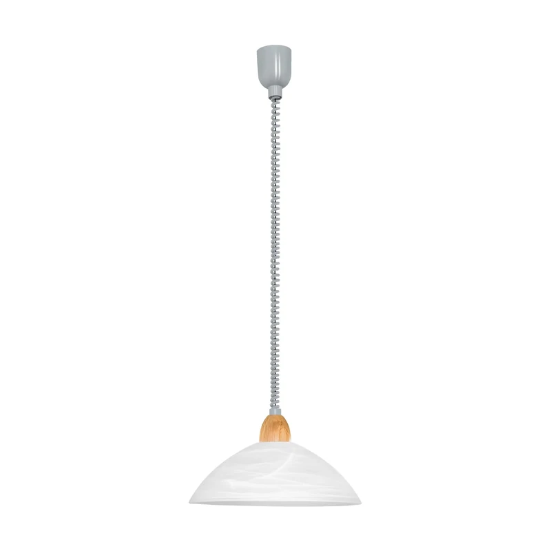 Eglo Pendant Light Lord 2, 1-Light Adjustable Hanging lamp, Classic Pendant lamp, Hanging Living Room Light Made of White Alabaster Glass, Silver-Coloured Plastic and Wood, E27 Socket