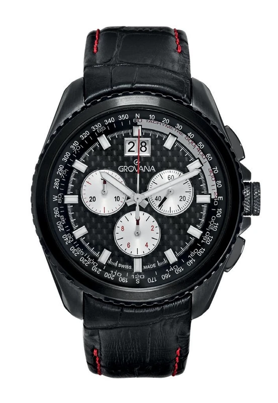 Grovana 1621.9577 Men's Quartz Swiss Watch with Black Dial Chronograph Display and Black Leather Strap