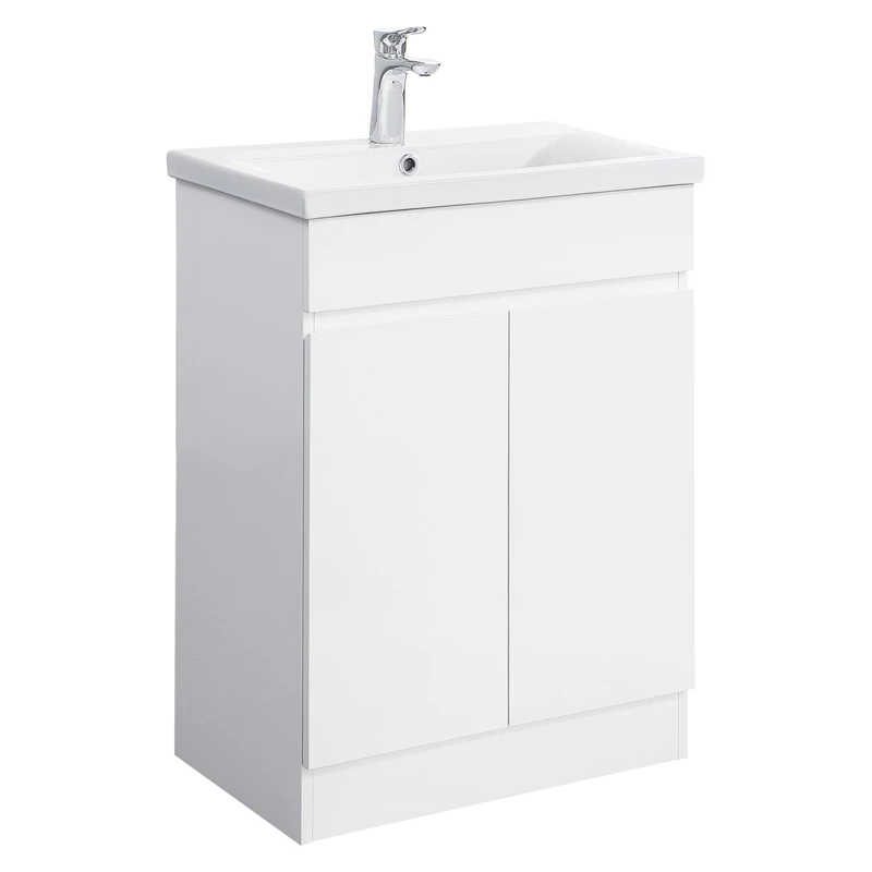 iBathUK Vanity Unit with Basin, Square Cabinet Ceramic Wash Basin for Bathroom Furniture with 2 Shelves and Doors- Gloss White (Flat Pack)