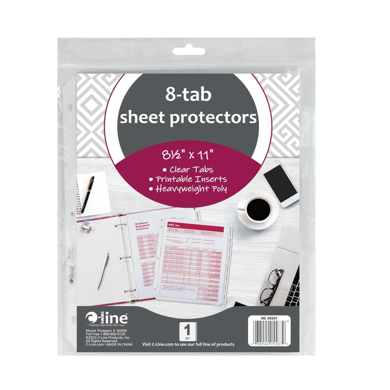 C-Line Polypropylene Sheet Protector with Index Tabs, Clear Tabs, 11 x 8.5 Inches, Ten 8-Tab Sets (05587-10)