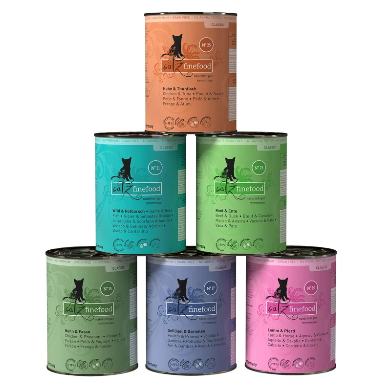 Catz Finefood Can Mixed Trial Pack, 2.8 kg - Chicken, Tuna, Beef, Duck, Game, Lamb, Horse, Redfish, Pheasant, Shrimp, High Protein, Grain-free Cat Food
