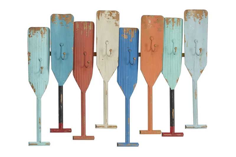 Deco 79 Metal Paddle Indoor Outdoor Distressed Oar Shaped 8 Hanger Wall Hook, 26 Inch x 1 Inch x 20 Inch, Multi Colored