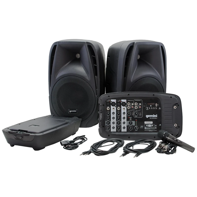 Gemini Sound Es-210Mxblu Professional Audio Bluetooth Pa System With Two 10" Woofer Speakers And Microphone Included, Detachable 8 Channel Mixer, 4 Line/Mic Inputs, Sd, USB