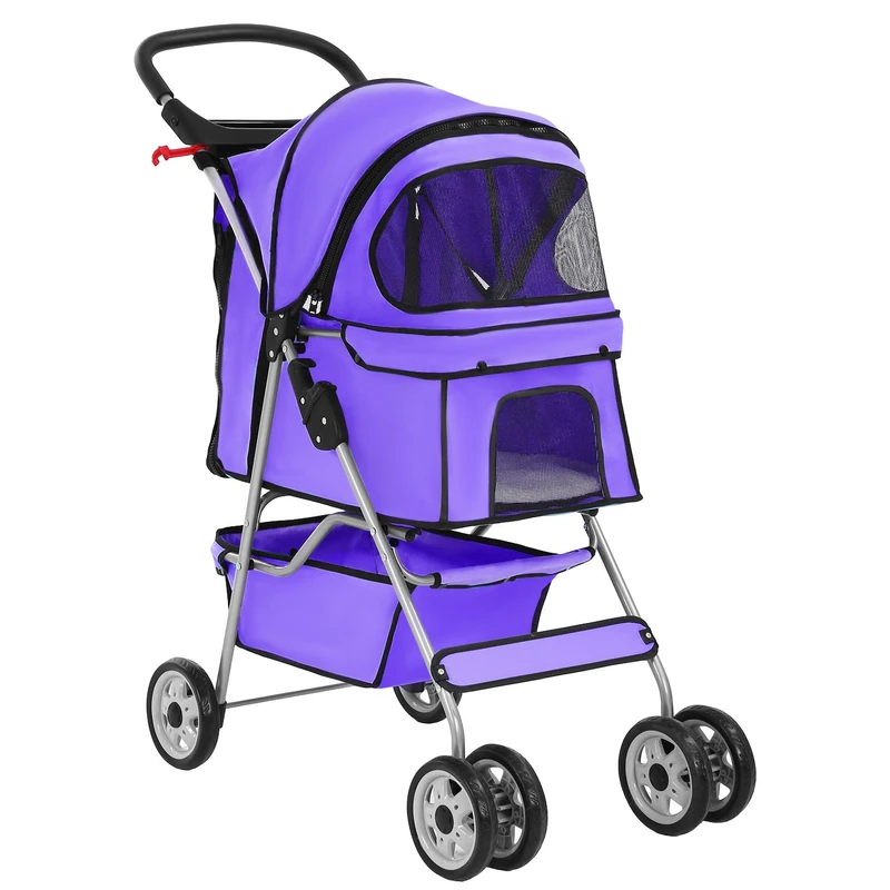 BestPet 4-Wheel Pet Stroller Dog and Cat Stroller Breathable Mesh Lightweight Travel Carrier Waterproof & Foldable Design Storage Basket for Daily Walks & Outdoor Use，Purple