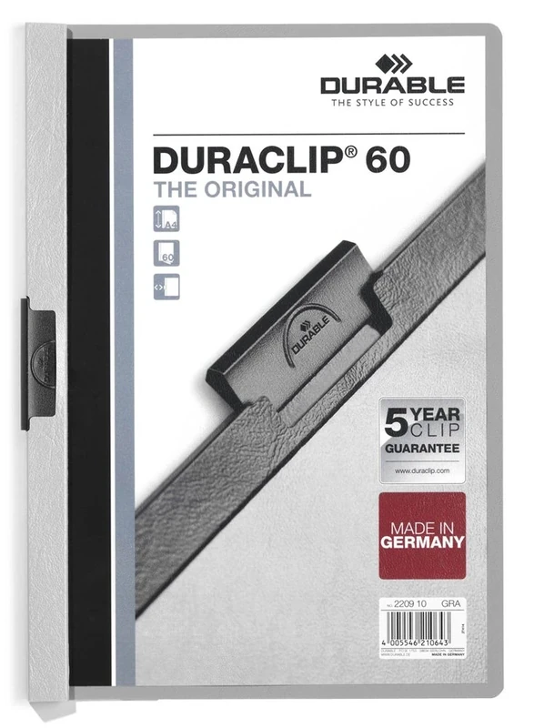 Durable DURACLIP 60 A4 Clip Folder - Holds Up to 60 Sheets of A4 Paper - Strong Metal Sprung Clip - Pack of 25 Grey Colour Folders for Organising Documents