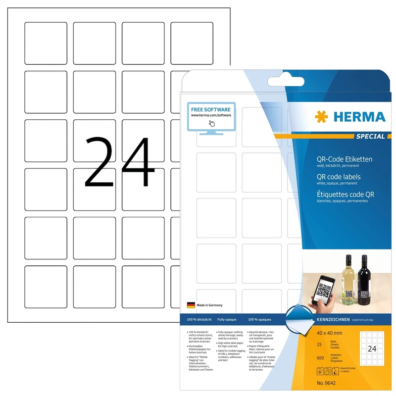 HERMA Self Adhesive QR Code Labels, 24 Labels per A4 Sheet, 800 Sheets, 40 x 40 mm, 19200 Labels, Blank Opaque Product Code Labels Stickers, Sticky Square Labels for Laser & Inkjet Printer, White