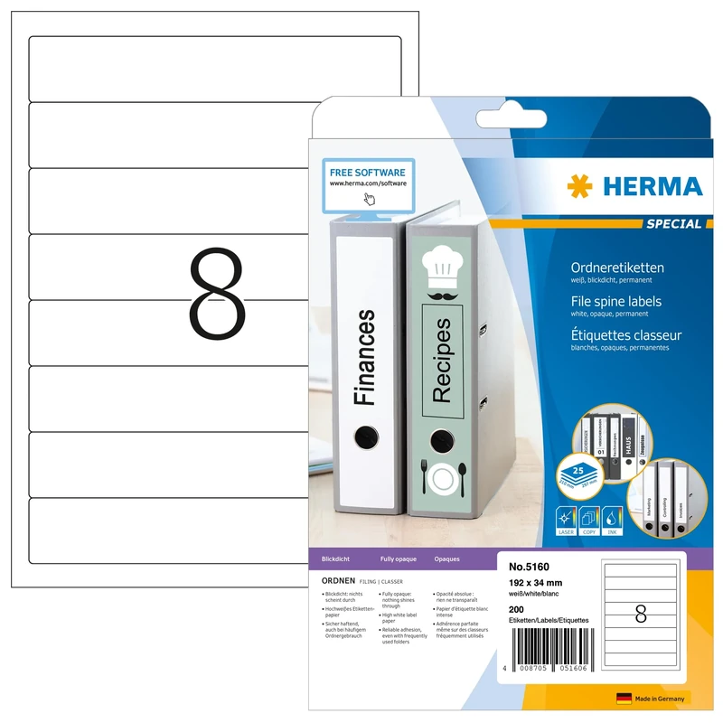 HERMA Self Adhesive Spine Labels, 8 Labels per A4 Sheet, 800 Sheets, 192 x 34 mm, 6400 Labels, Blank Lever Arch File Folder Labels Stickers, Sticky Labels for Laser & Inkjet Printer, White