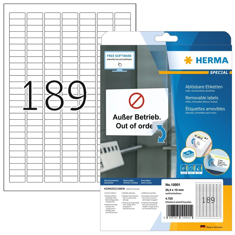 HERMA Self Adhesive Removable Labels, 189 Labels per A4 Sheet, 800 Sheets, 25.4 x 10 mm, 151200 Labels, Blank Multipurpose Labels Stickers, Sticky Labels for Laser & Inkjet Printer, White