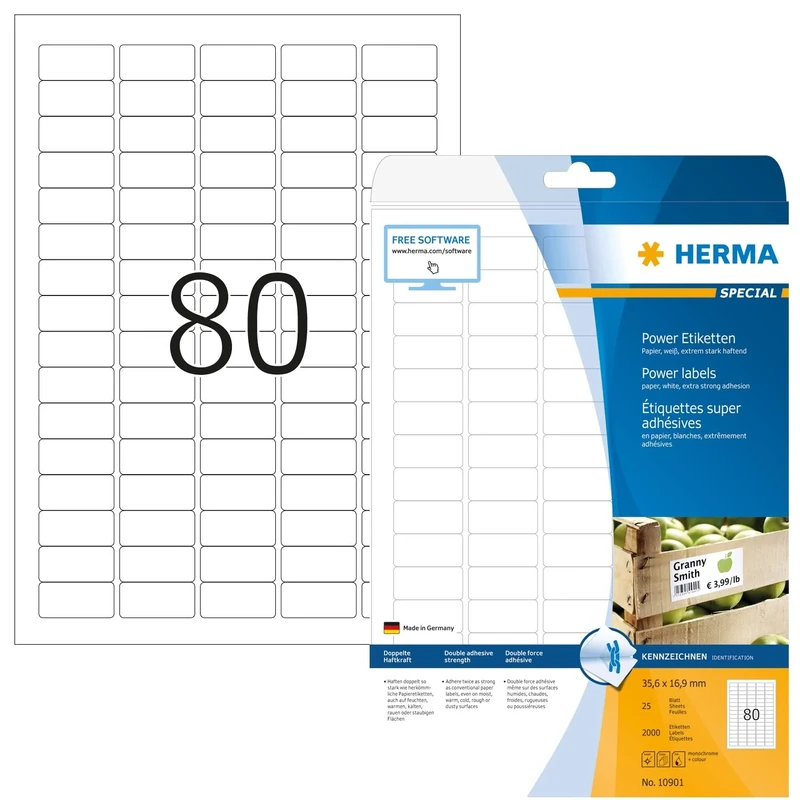 HERMA Extra Strong Adhesive Labels, 80 Labels per A4 Sheet, 800 Sheets, 35.6 x 16.9 mm, 64000 Labels, Blank Heavy Duty Labels Stickers, Sticky Labels for Laser & Inkjet Printer, White