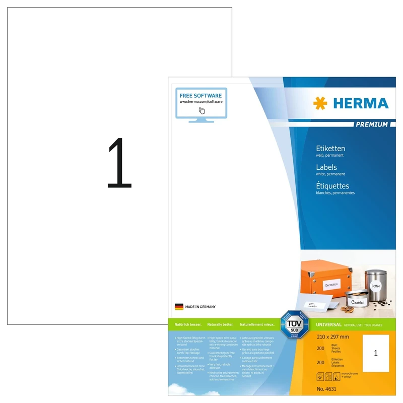 HERMA Self Adhesive Multipurpose Labels, 1 Label per A4 Sheet, 1600 Sheets, 210 x 297 mm, 1600 Labels, Blank Universal Labels Stickers, Sticky Labels for Laser & Inkjet Printer, White