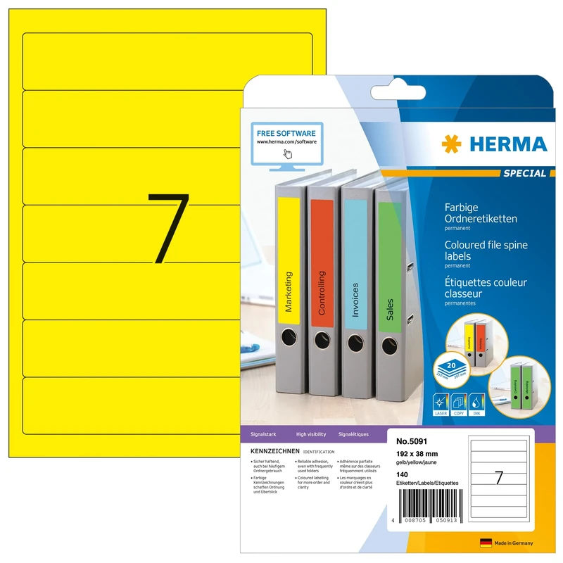 HERMA Self Adhesive Spine Labels, 7 Labels per A4 Sheet, 640 Sheets, 192 x 38 mm, 4480 Labels, Blank Lever Arch File Folder Labels Stickers, Sticky Labels for Laser & Inkjet Printer, Yellow