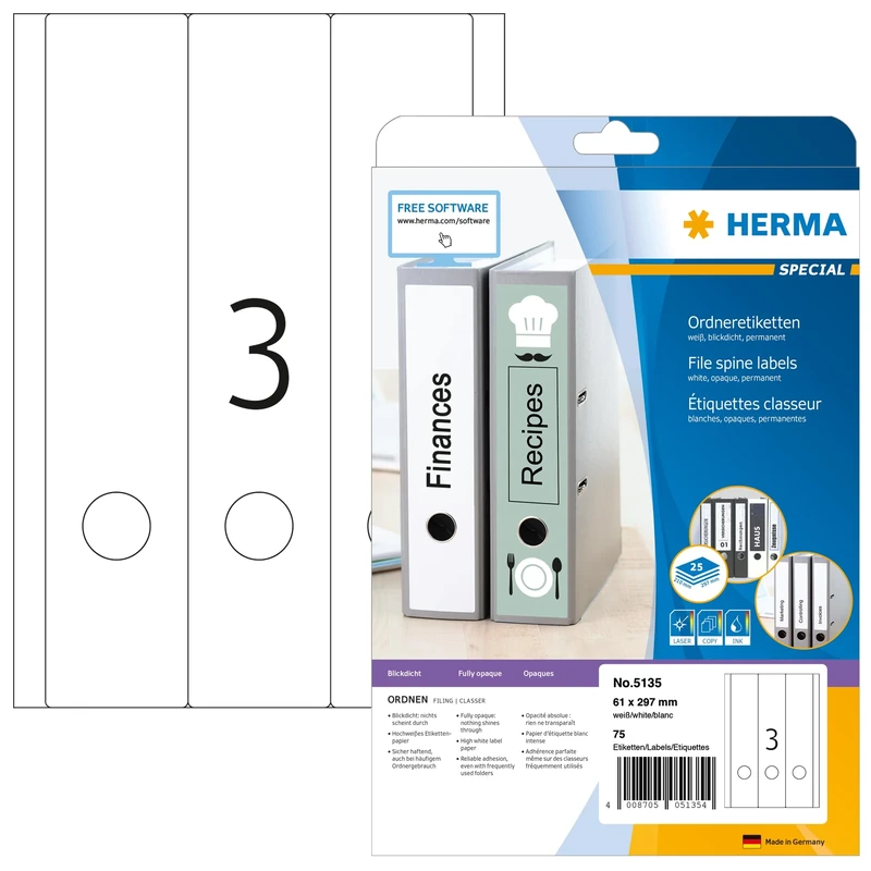 HERMA Self Adhesive Spine Labels, 3 Labels per A4 Sheet, 800 Sheets, 61 x 297 mm, 2400 Labels, Blank Lever Arch File Folder Labels Stickers, Sticky Labels for Laser & Inkjet Printer, White