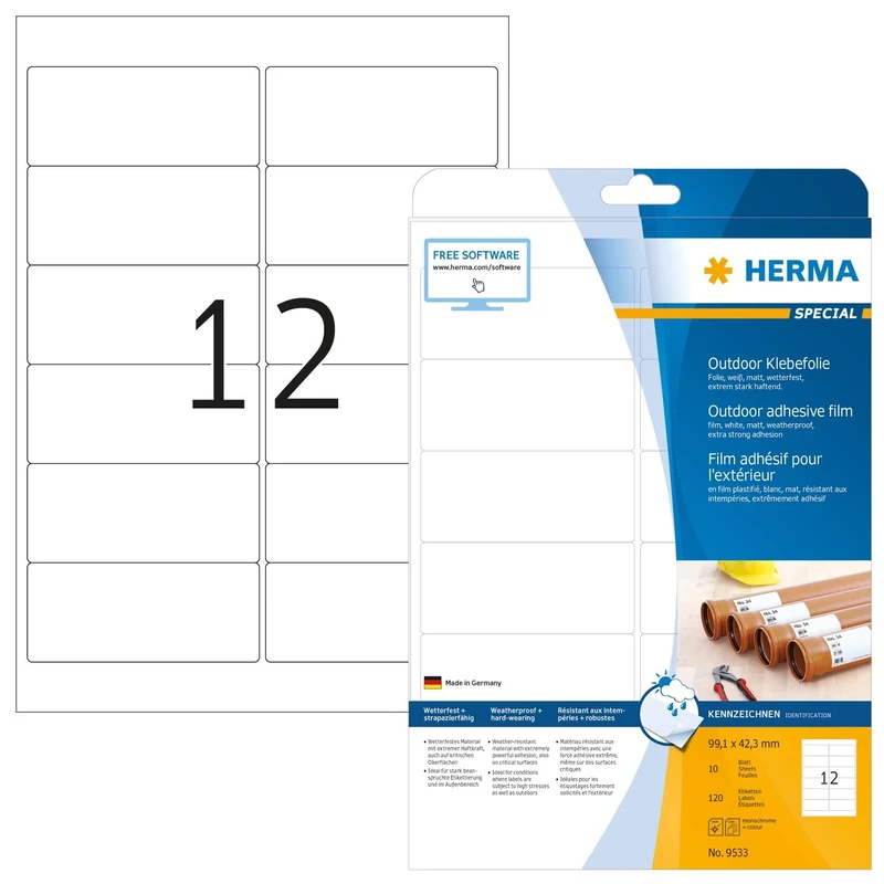 HERMA Self Adhesive Film Labels, 12 Labels per A4 Sheet, 320 Sheets, 99.1 x 42.3 mm, 3840 Labels, Blank Weatherproof Labels Stickers, Sticky Labels for Laser & Inkjet Printer, White