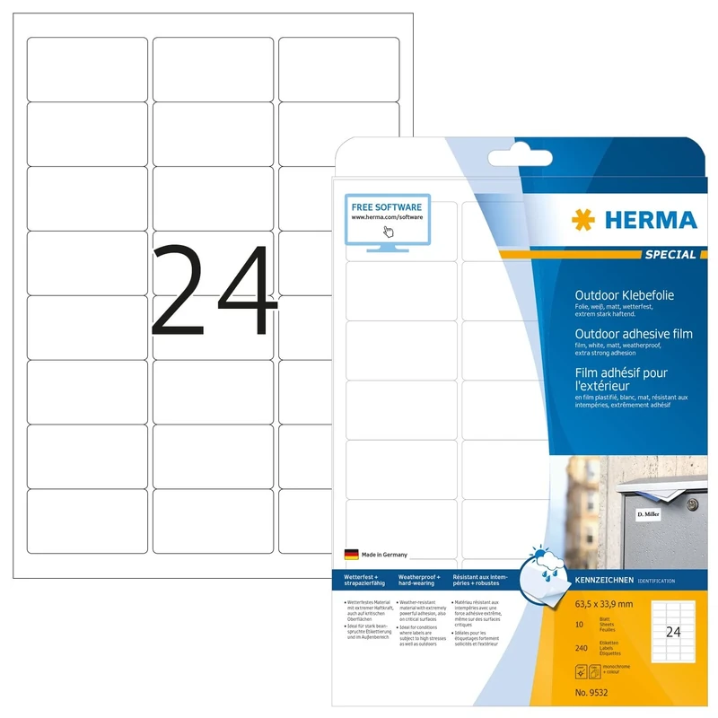 HERMA Self Adhesive Film Labels, 24 Labels per A4 Sheet, 320 Sheets, 63.5 x 33.9 mm, 7680 Labels, Blank Weatherproof Labels Stickers, Sticky Labels for Laser & Inkjet Printer, White