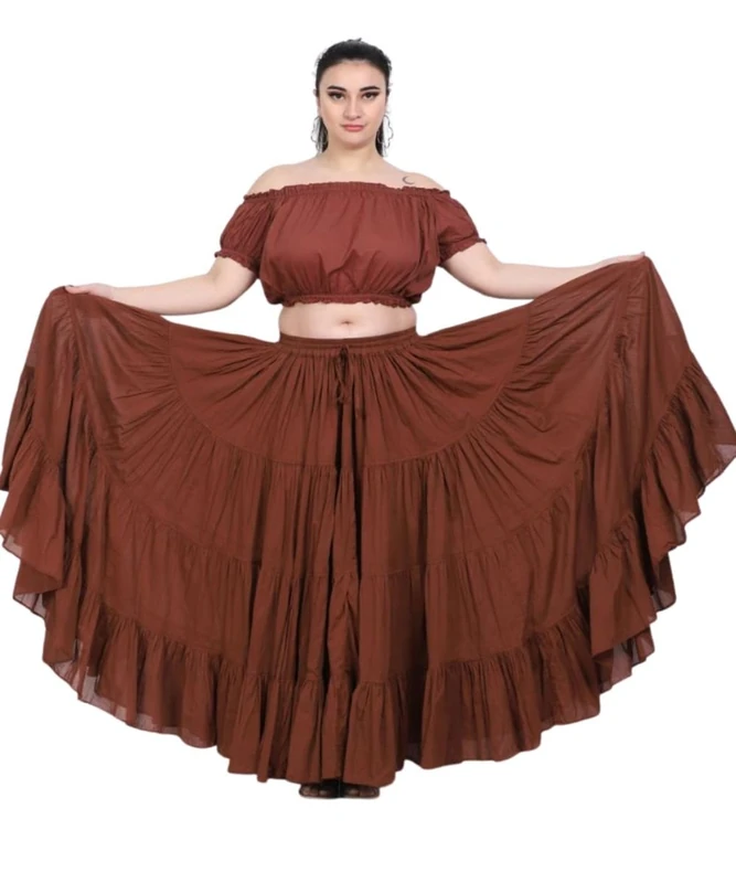 Wevez Women's Gypsy 25 Yard Solid Color Cotton Skirt Free Size Brown - Image 1