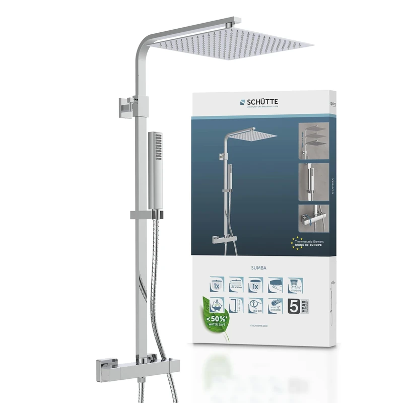 SCHÜTTE SUMBA 60049 Overhead Shower Set with Thermostatic Fitting 38 °C Safety Lock Chrome