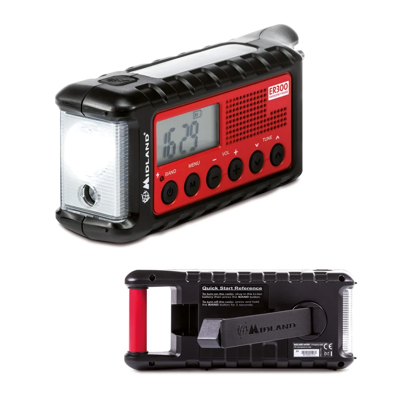 Midland - ER300 Emergency Power Bank, Multifunctional for Camping, Outdoor, Survival Equipment, Dynamo LED Torch, AM/FM Radio with Solar Panel SOS Function Ultrasonic Dog Call, Rechargeable Batteries