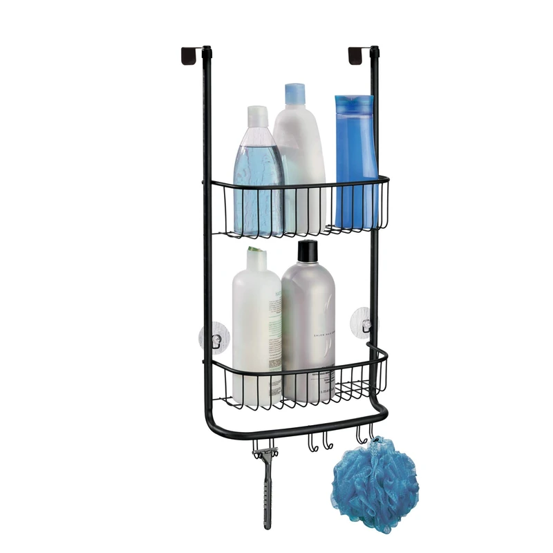 iDesign Shower Caddy Over the Door, Small Hanging Bathroom Organiser with Two Shelves Made of Durable Metal, Practical Shower Storage for Shampoo, Shower Gel and More, Black