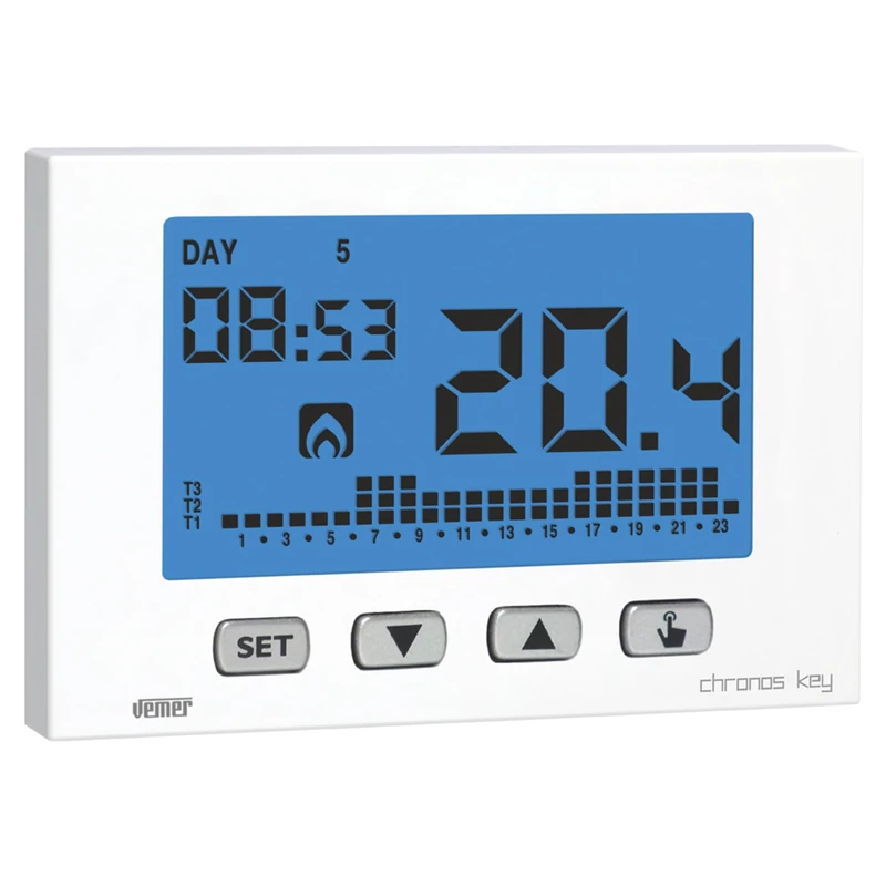 VEMER VE725800 model CHRONOS KEY BIANCO Weekly chronothermostat with battery supply. Wall-mounting. Color White