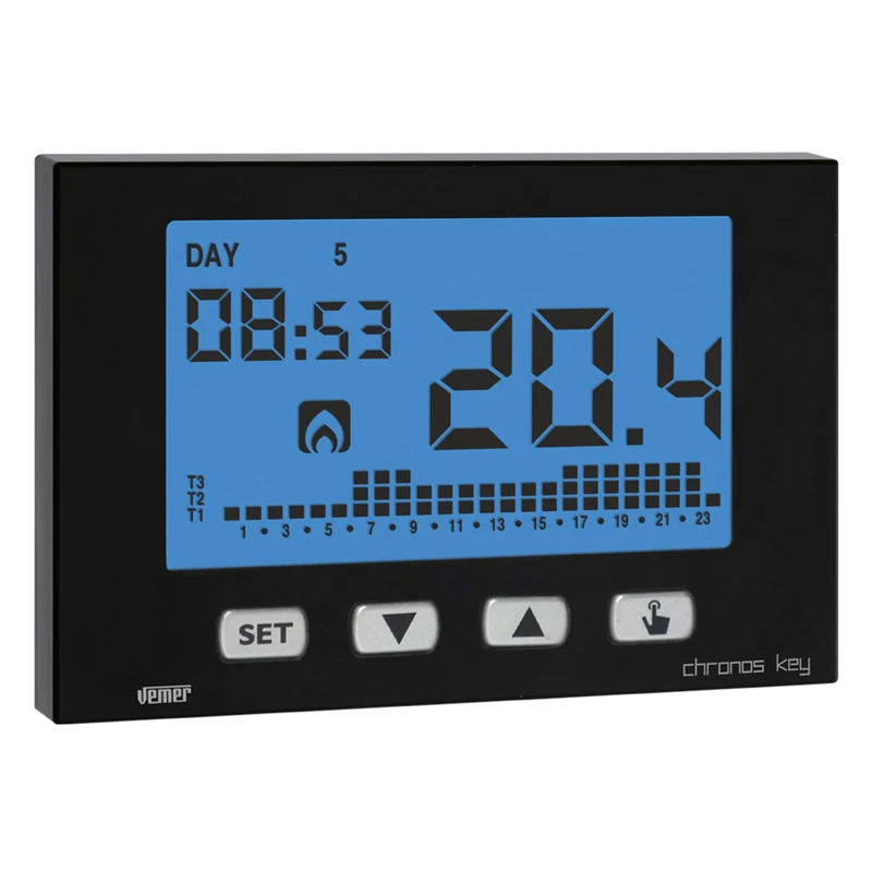 VEMER VE726600 model CHRONOS KEY NERO Weekly chronothermostat with battery supply. Wall-mounting. Color black