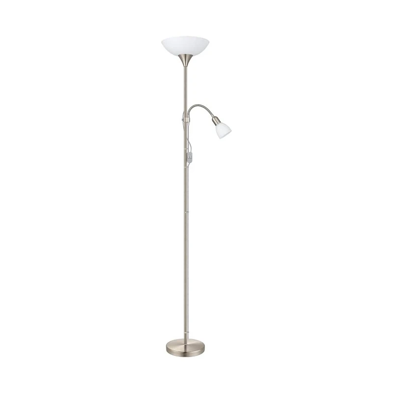 Eglo Floor Lamp Up 2, 2-Light Standing lamp, Metal, Glass and Plastic Floor Light, Living Room lamp in Silver and White, lamp with Switch, Ceiling uplighter with Reading Light, E27, E14