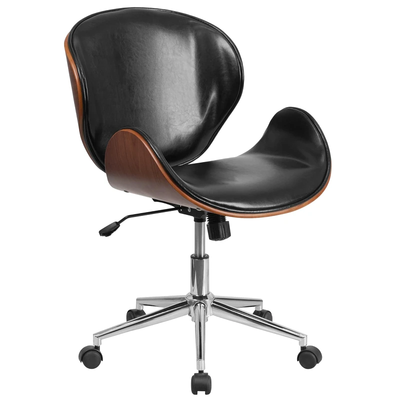 Flash Furniture Mid-Back Wood Swivel Conference Chair, Metal, Black Leather/Walnut Frame, 59.69 x 58.42 x 40.64 cm