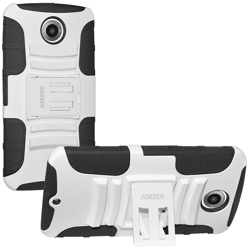Amzer Rugged Hybrid Kickstand Case for Nexus 6 - Retail Packaging - Black/White - Image 1