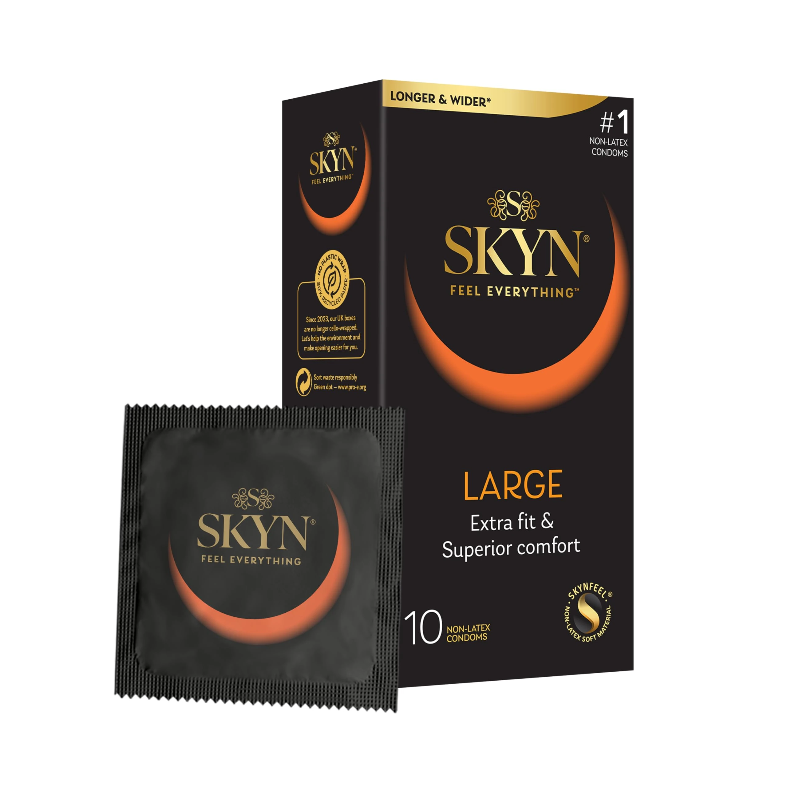 SKYN Large Condoms Pack of 10 SKYNFEEL Latex Free Condoms for Men, Extra Large, XL, Thin, Smooth Straight Shape, Lubricated, 56mm Wide