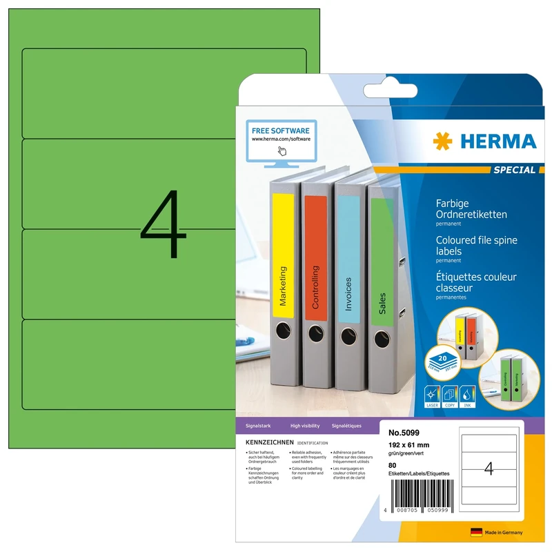 HERMA Self Adhesive Spine Labels, 4 Labels per A4 Sheet, 640 Sheets, 192 x 61 mm, 2560 Labels, Blank Lever Arch File Folder Labels Stickers, Sticky Labels for Laser & Inkjet Printer, Green