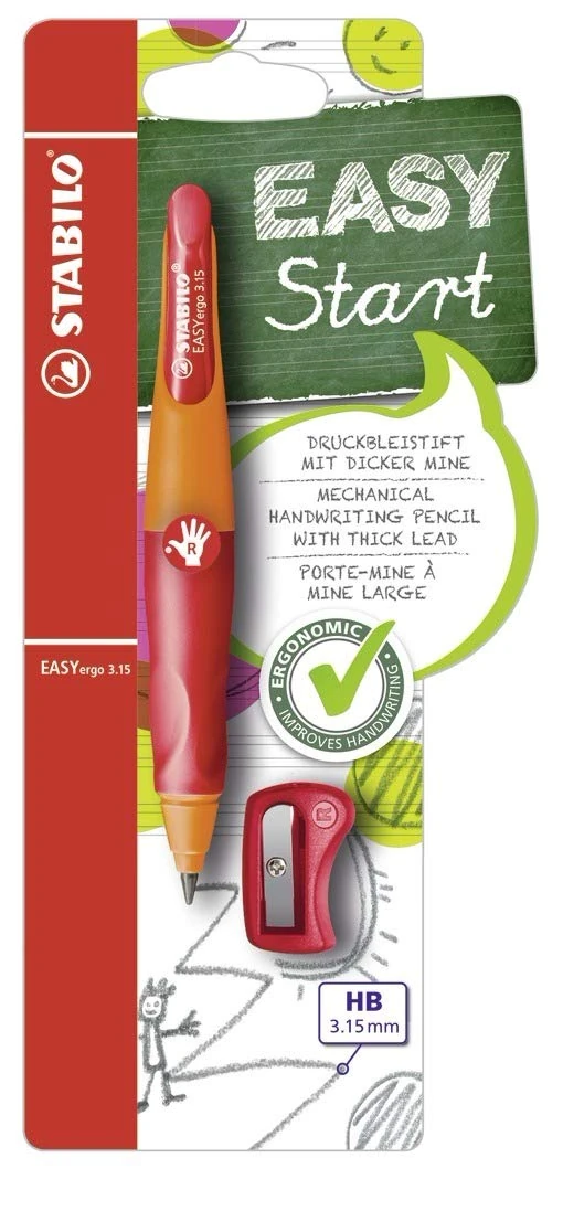 STABILO EASYergo 3.15 - Ergonomic Mechanical Pencil - Right-Handed - Pack of 1 - Orange/Red with Sharpener