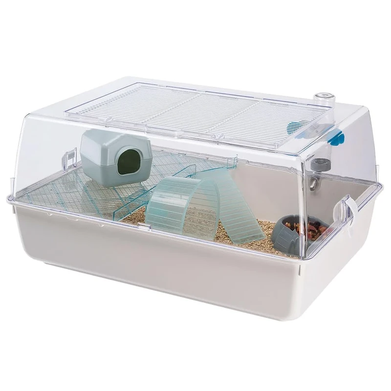 Ferplast MINI DUNA HAMSTER Compact Hamster Cage - Ventilated Multi-Level Habitat with Interactive Transparent Top - Exercise Wheel & Accessories - Easy Clean, 55x39x27 cm - White