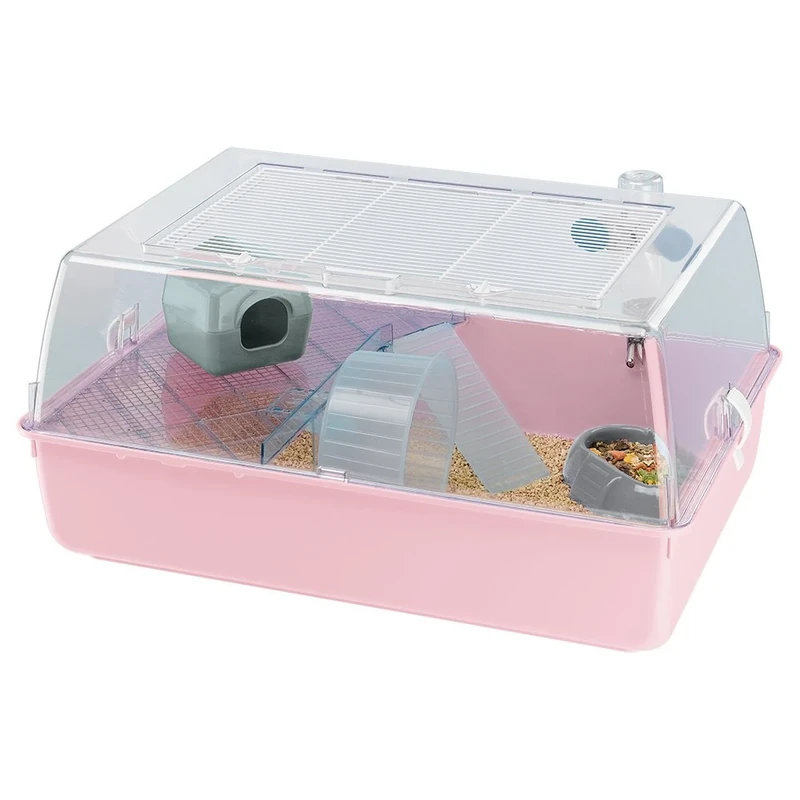 Ferplast MINI DUNA HAMSTER Compact Hamster Cage - Ventilated Multi-Level Habitat with Interactive Transparent Top - Exercise Wheel & Accessories - Easy Clean, 55x39x27 cm - Pink