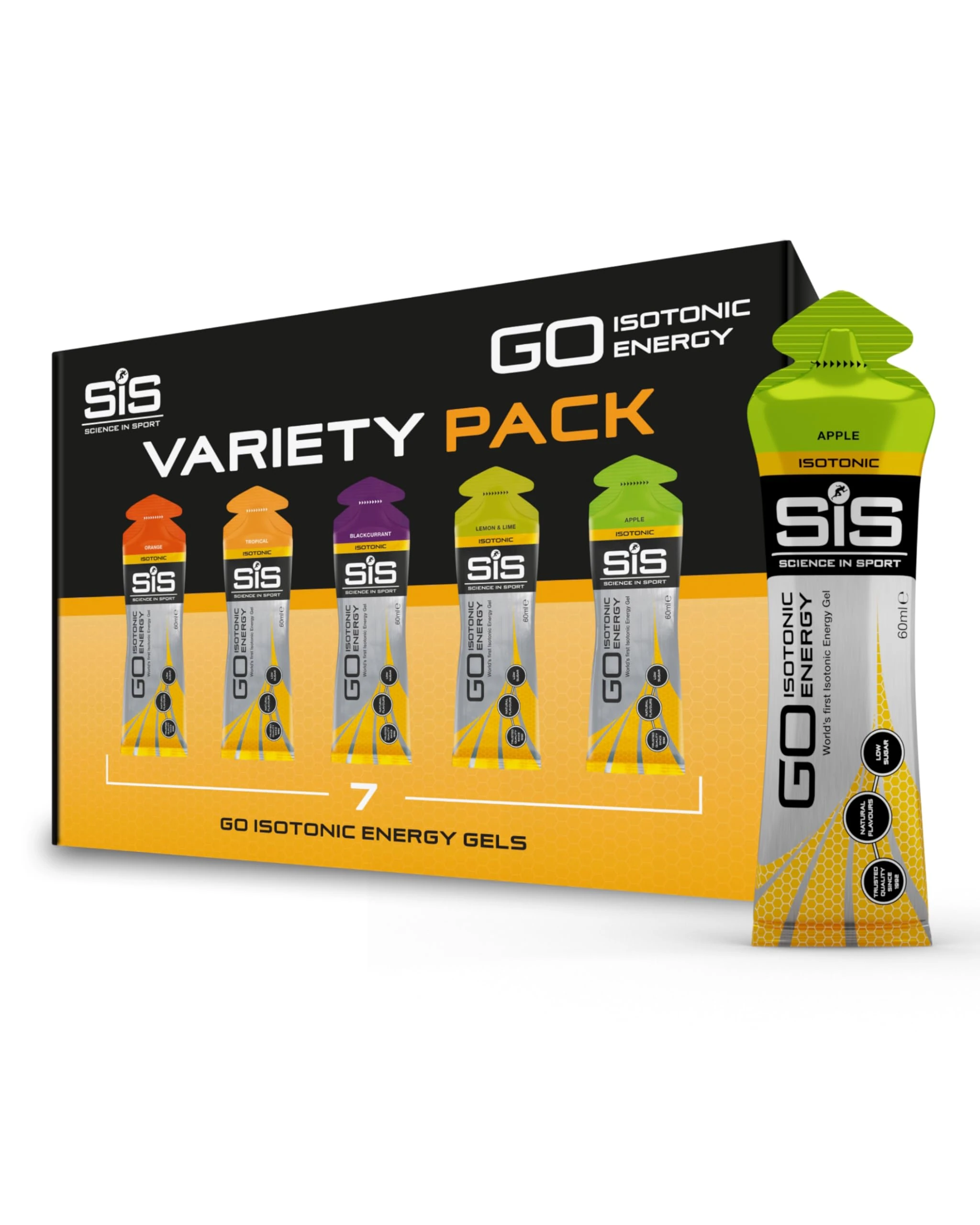Science In Sport GO Isotonic Energy Gels, Running Gels with 22g Carbohydrates, Low Sugar, Variety Pack of Assorted Flavours, 60ml Per Serving (7 Pack)