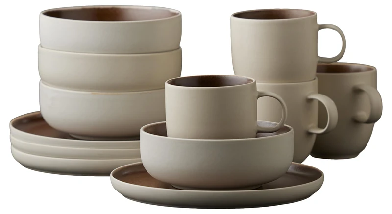 Studio Round North Stoneware Crockery Set for Brunch/Breakfast Serving Set, Crockery Set for 4 People, 12 Pieces, 4 x Plates, Bowls and Coffee Cups Made of Stoneware, Bark