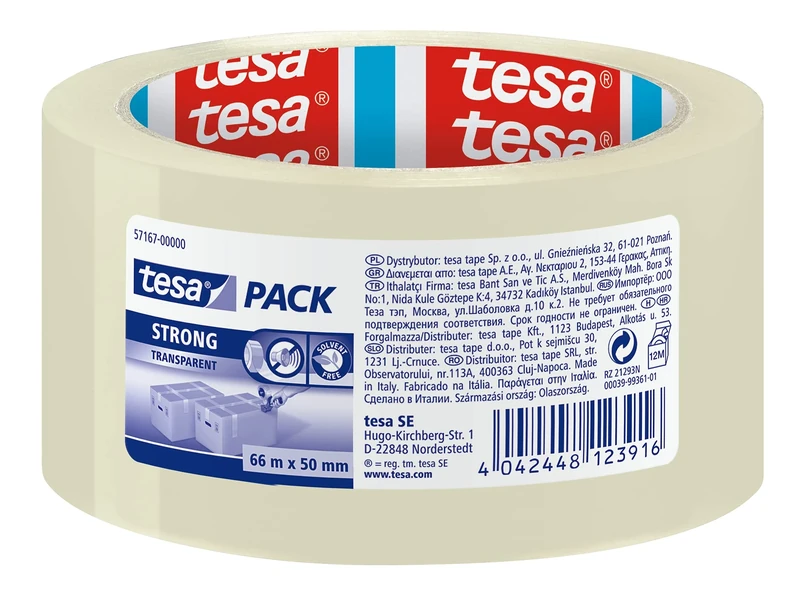 tesapack Packing Tape, Strong Packaging Tape for Medium to Heavy Parcels and Boxes, 66 m x 50 mm - Clear