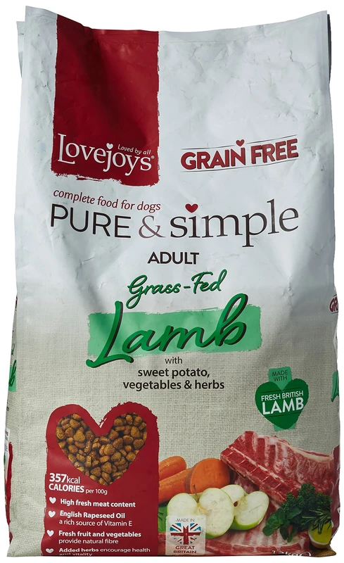 Lovejoys Pure & Simple Grain Free Dry Dog Food: Sensitive Stomach Recipe that's Wheat Free, Naturally Gluten Free, Complete Dog Food Dry - Grass-Fed Lamb, 12kg